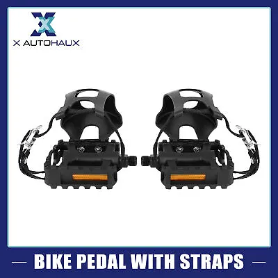 Pair Road Bike Pedals 9/16'' Spindle Platform W Toe Clips Foot Strap • $27.89