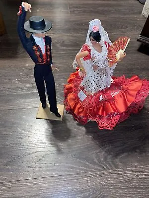 Vintage Pair Of Marin Chiclana Spanish FLAMENCO DANCER DOLLS On Stands *READ* • $21.24