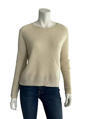 Vince Sweater XS Cashmere & Wool Cream Knit Leather Elbow Patch Pullover Top • $45.49