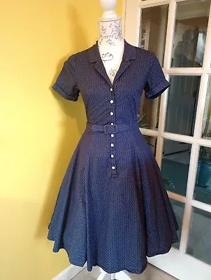 Collectif Caterina Navy Blue/White Polka Dot Swing Dress Size 6-8 • £26