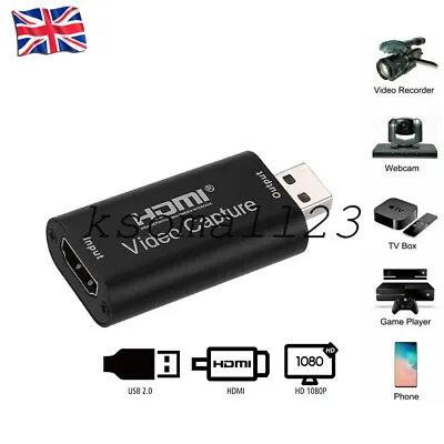 HDMI To USB 2.0 Video Capture Card 60fps 4K 1080p HD Recorder Game Live Stream • £7.99