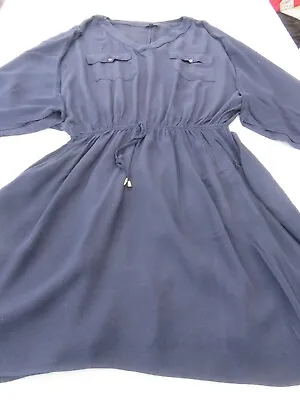 River Island Navy Blue Safari Batwing Elasticated Waist Pockets Dress Uk 18 • £5.99