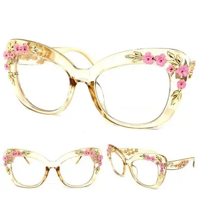 OVERSIZE RETRO CAT EYE Clear Lens EYE GLASSES Large Big Nude Frame Floral Design • $19.99