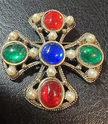 Vintage Maltese Cross Pendant With Cabochons & Faux Pearls LARGE CROSS Brooch • $15