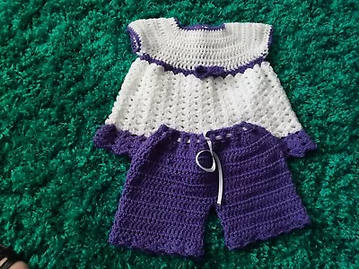 A New Hand Crochet Baby Girl Angel Top And Shorts Set White And Purple 0 - 3... • £7