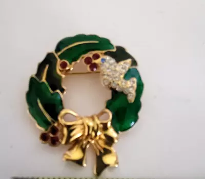 Vintage Monet Christmas Wreath Brooch Pin Enamel With Rhinestone Dove Signed • $15