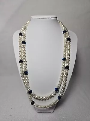 Vintage 2 Strand Pearl Necklace With Blue Beads. Very Beautiful  • $9