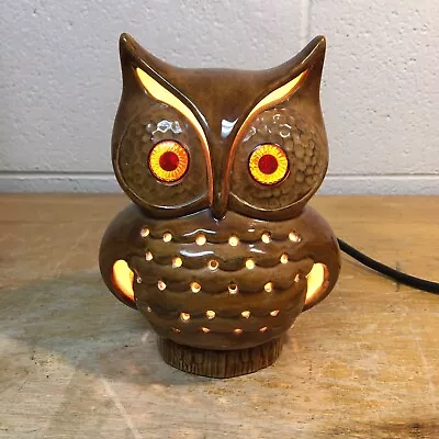 Vintage Ceramic Hand Painted Brown Owl Bedside Night Light Up Eyes Lamp • $30