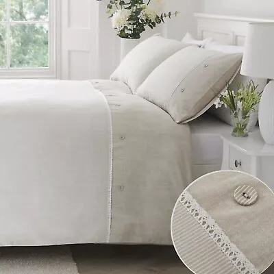 Duvet Cover Bedding Set Ashbury Lace Trimmed Classic Stripe By Serene Natural • £18.89