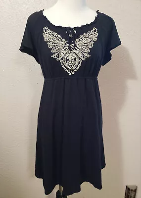 Sonoma Cream Embroidered Mexican Style Black Stretch Dress Women's Size L Large • $11.98