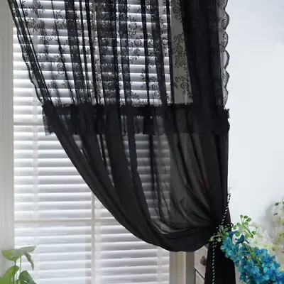 French Vintage Black Lace Stitching Sheer Curtain Room Jacquard Floral Voile • $45.82