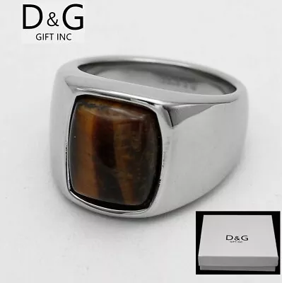 DG Men's Stainless-Steel BrownTigers EyeRing Size 8-13 High Polish BOX • $14.99
