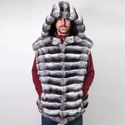 Mens Fur Vest Hooded Chinchilla Colored Fur Coat Gilet Real Rex Rabbit Waistcoat • $464.55