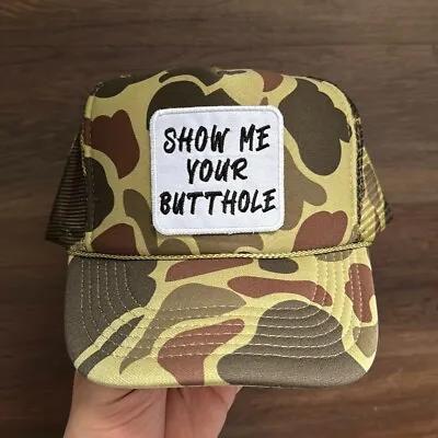 New Show Me Your Butthole Tan Camo Cap Hat 5 Panel High Crown Trucker Snapback • $25.95