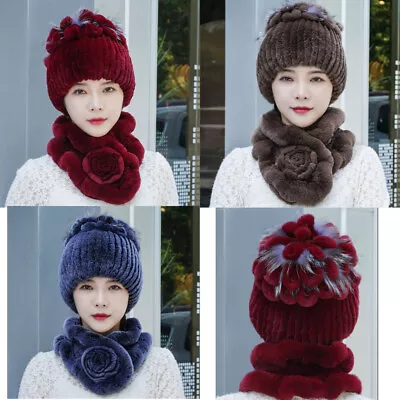 Real Rex Rabbit Fur Hat Scarf Set Women Winter Warm Headwear Beanie Cap Blue Red • $39.09