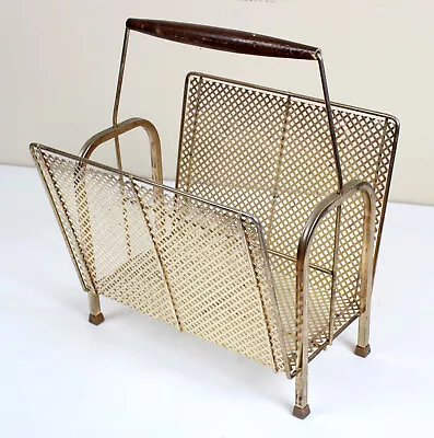 Vintage Mid Century Modern Gold Metal Magazine Rack / Caddy W Wood Handle • $29.99