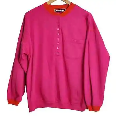 Vintage 80's Pacer Neon Pink Orange Crew Neck Button Fleece Sweater Size Medium • $25.50
