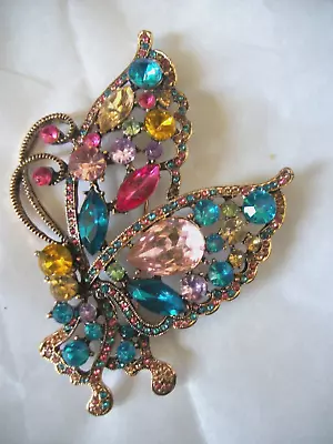 VTG. Large Gold Tone Multi- Color Rhinestones Butterfly Brooch / Pin • $10.99