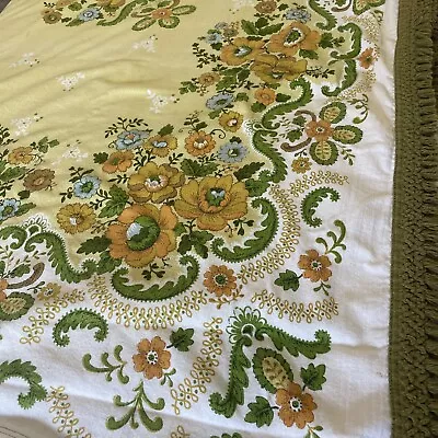 VTG Bates Dual King Floral Bedspread Retro Fringe Yellow Green  Mod • $65