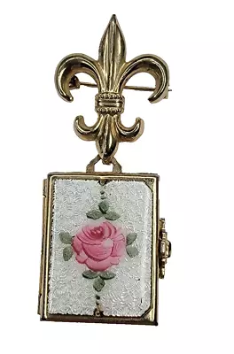 Vintage CORO Guilloche Enamel Fleur De Lis 4 Picture Locket Brooch W/ Gift Box  • $69.99