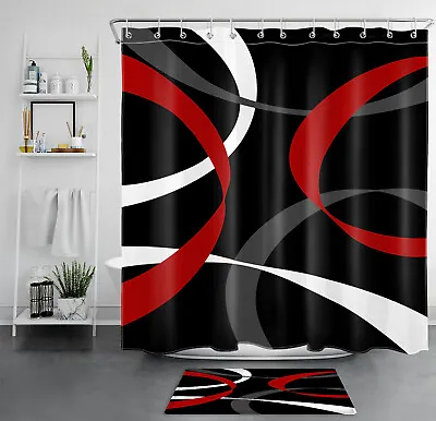 $19.99 • Buy Black White Red Striped Modern Abstract Shower Curtain Bathroom Accessories Set