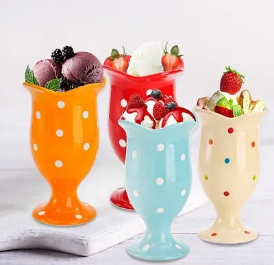 4 X Ceramic Ice Cream Sundae Dessert Cups Milkshakes Trifle Polkadot 17cm 300ml • £14.50