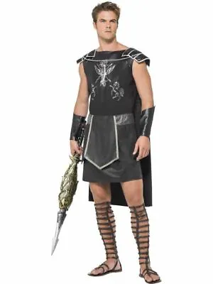 Mens Dark Gladiator Costume Roman Greek Warrior Tunic Cape Fancy Dress Outfit • £32.94