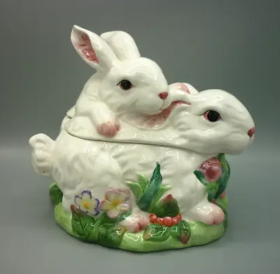 Rabbit Bunny Soup Tureen - Double White Bunnies With Flowers Ceramic -Bright • $46