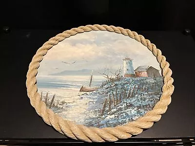 (Vintage) Maine Lighthouse Oil Painting - Wall Hanging - W/ Rope Frame • $9.99