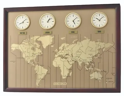 £275 • Buy Seiko Wooden World Time Wall Clock With 23 Cities And 4 Times QXA722B