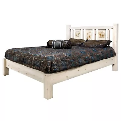 QUEEN Platform Bed FARMHOUSE Rustic Laser Western Etched Amish Made Woodburning • $1199