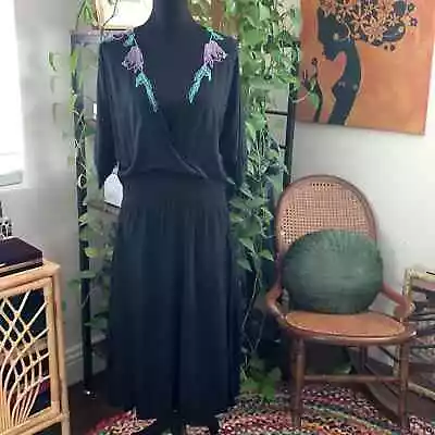 Vintage 80s Black Floral Embroidered Short Sleeve Deep Blousy V Neck Midi Dress • $30