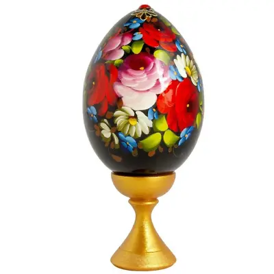 Black Zhostovo Wood Easter Egg On A Stand Painted By Hand 4.7 Inch • $17.95