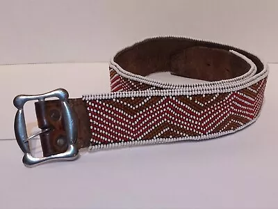 1970s Vintage Seed Beaded Leather Womens Belt With Metal Buckle • $9