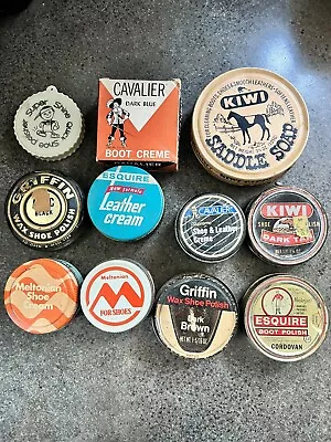 11 Vintage Shoe Polish Tins Esquire Kiwi Griffin Cavalier Meltonian Full Used • $35