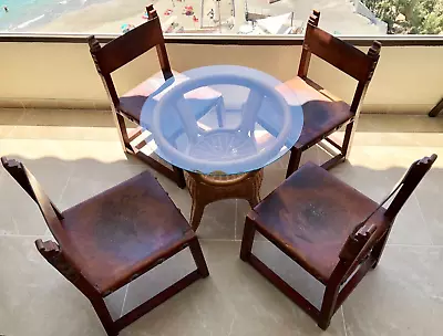 GENUINE Spanish Walnut & Leather Safari Renaissance Chairs Vintage Circa 1930-50 • $500