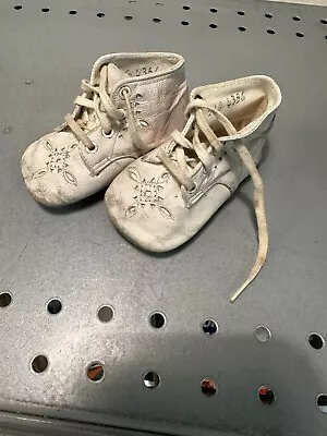 Vintage Mid-Century White Leather Baby Shoes  Non Walking Well Used • $12