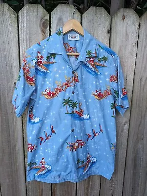 Mele Kalikimaka Hawaiian Shirt Christmas Santa Palm Trees Blue Cotton Medium • $27.99