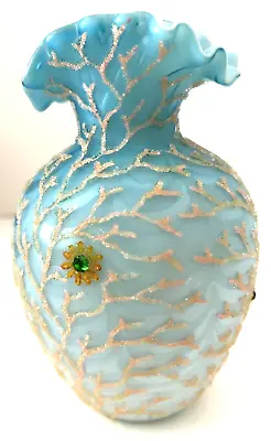 Mt. Washington Satin Coralene Seaweed Hand Blown Art Glass Vase Aquamarine Blue • $115