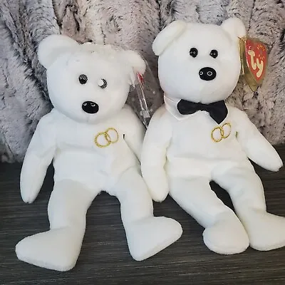 TY Beanie Babies Mr & Mrs Bride & Groom Bears 2001 W/Bowtie Veil Rings TAGS • $9.07