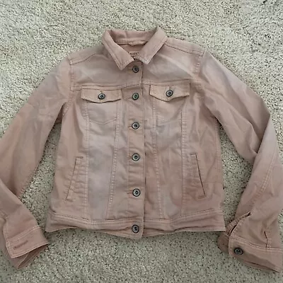 MERONA Denim Jacket Womens S Soft Pink Stretch Distressed Pockets Button Up • $19.96