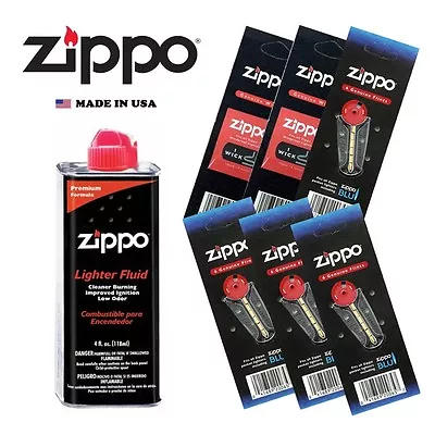 Zippo 4 OZ Fluid Fuel And 6 Vulet Pack ( 24 Flints + 2 Wick ) Gift Set Combo • $12.95