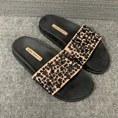 Zara Basic Sandal Slides Women's Size 38 US 7.5 Tan Black Flower Sequin Beaded • $9.74