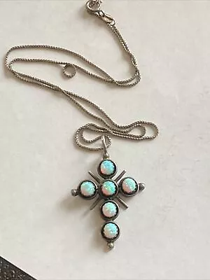 Vintage Sterling Silver And Opal Cross Pendant Necklace • $124.99