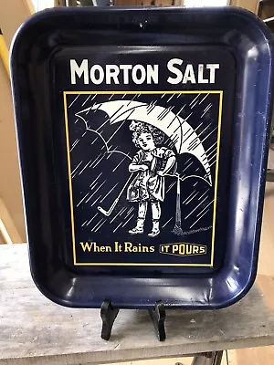 Vintage MORTON SALT Umbrella Girl “When It Rains It Pours Tray W History On Back • $19.99