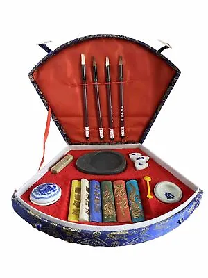 Old Chinese Asian Calligraphy Set Painting Brush Vintage Writing Box Set • $39