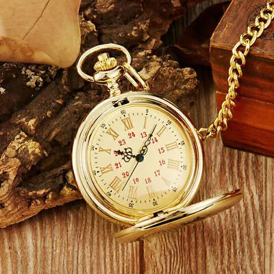 Vintage Retro Mechanical Vintage Pocket Watch Chain Half Hunter Gold Gear Uh LOV • £10.42