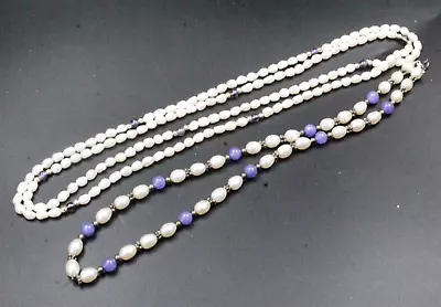 Vintage Sterling Silver Amethyst Freshwater Pearl Bead Necklace Lot • $69