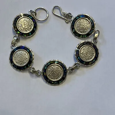 Aztec Mayan Calendar Sterling Silver/925 & Abalone Bracelet 7  • $45