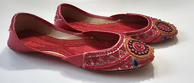 Punjabi Jutti Women Indian Flats Beautifully Decorated Red Multicolor Wed Shoe • $19.95